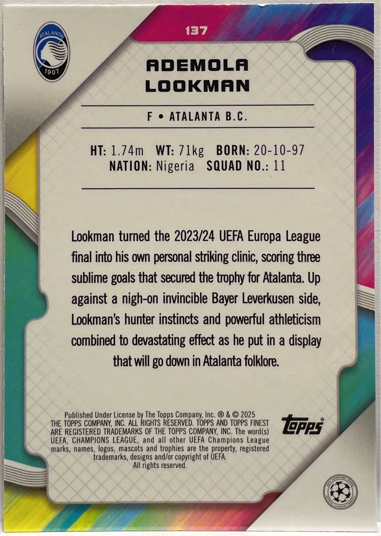 Ademola Lookman 81/150 Blue Lava Topps Finest UCC 2024/25