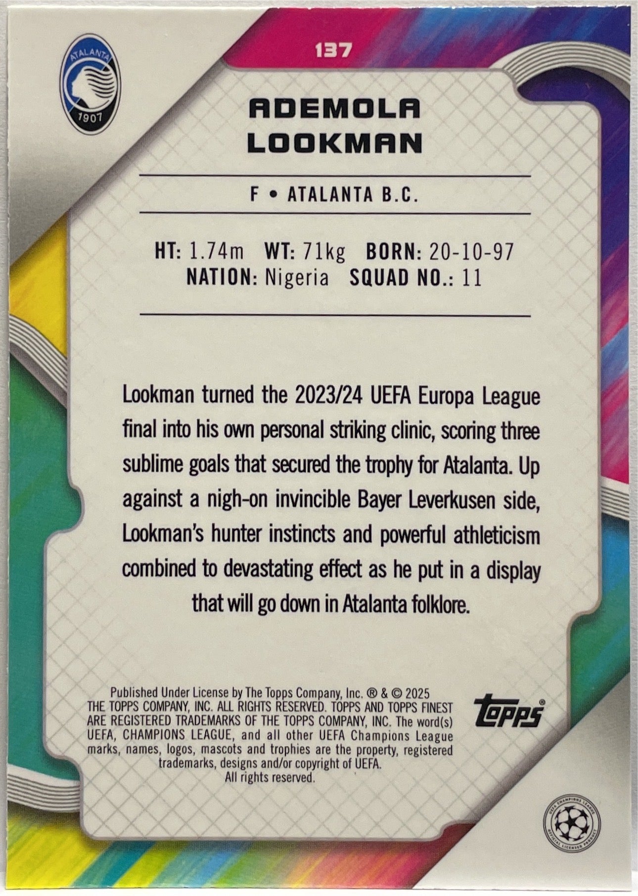 Ademola Lookman 78/150 Blue Lava Topps Finest UCC 2024/25