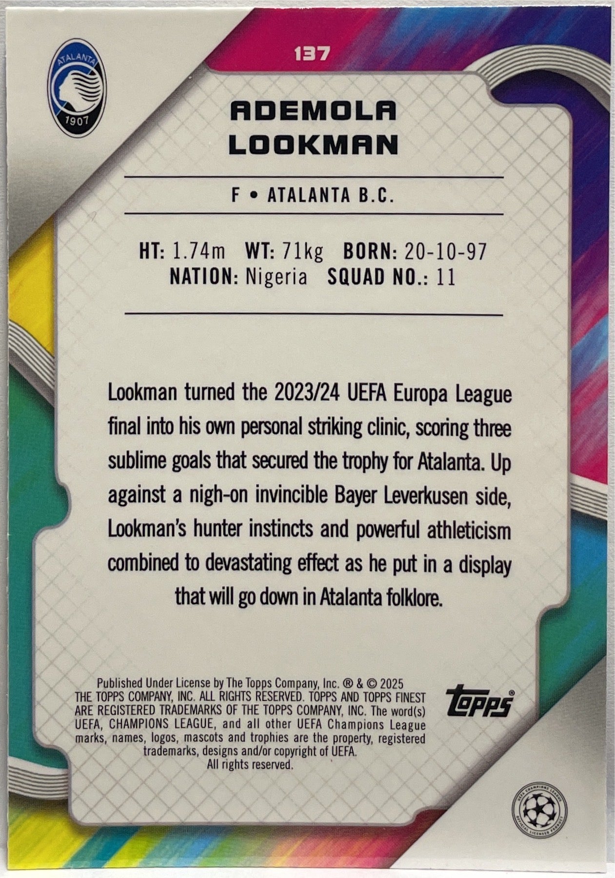 Ademola Lookman 216/275 Sky Blue Lava Topps Finest UCC 2024/25