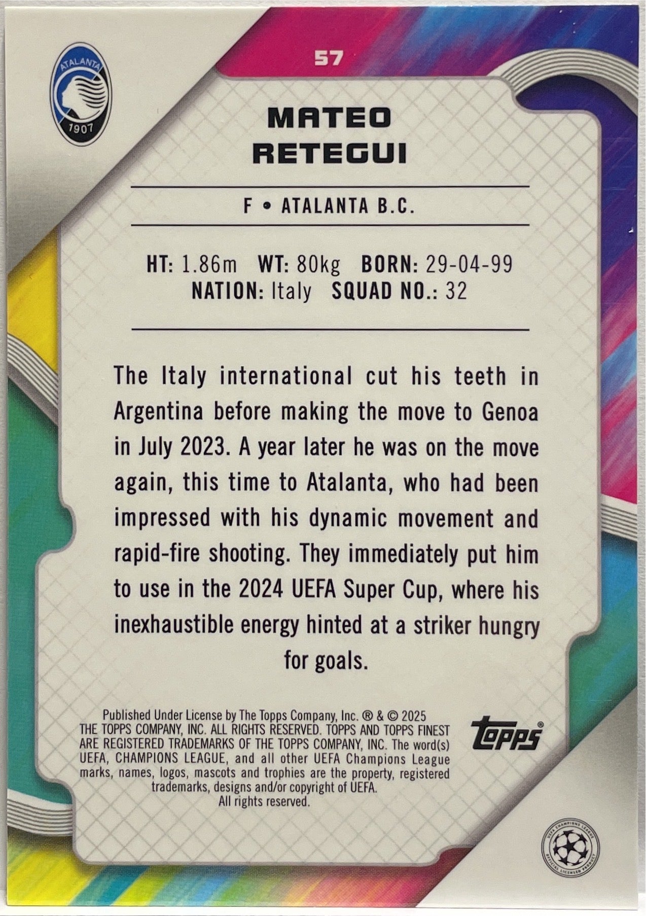 Mateo Retegui 180/199 Purple Lava Topps Finest UCC 2024/25
