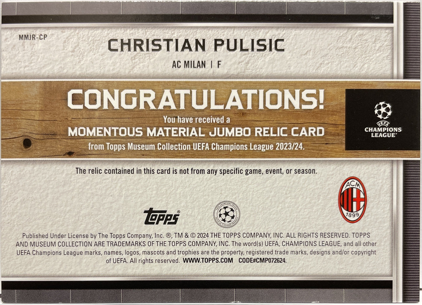 Christian Pulisic 36/75 Patch Momentous Material Jumbo Relic Topps Museum UCC 2023/24