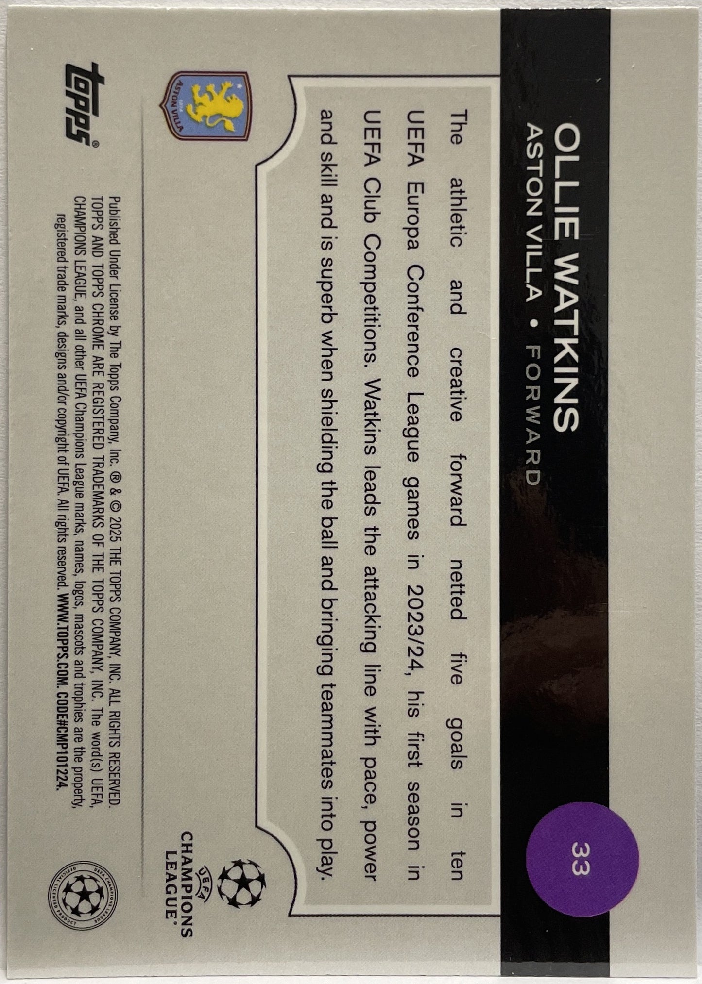 Ollie Watkins 71/150 Blue Lava Topps Chrome UCC 2024/25