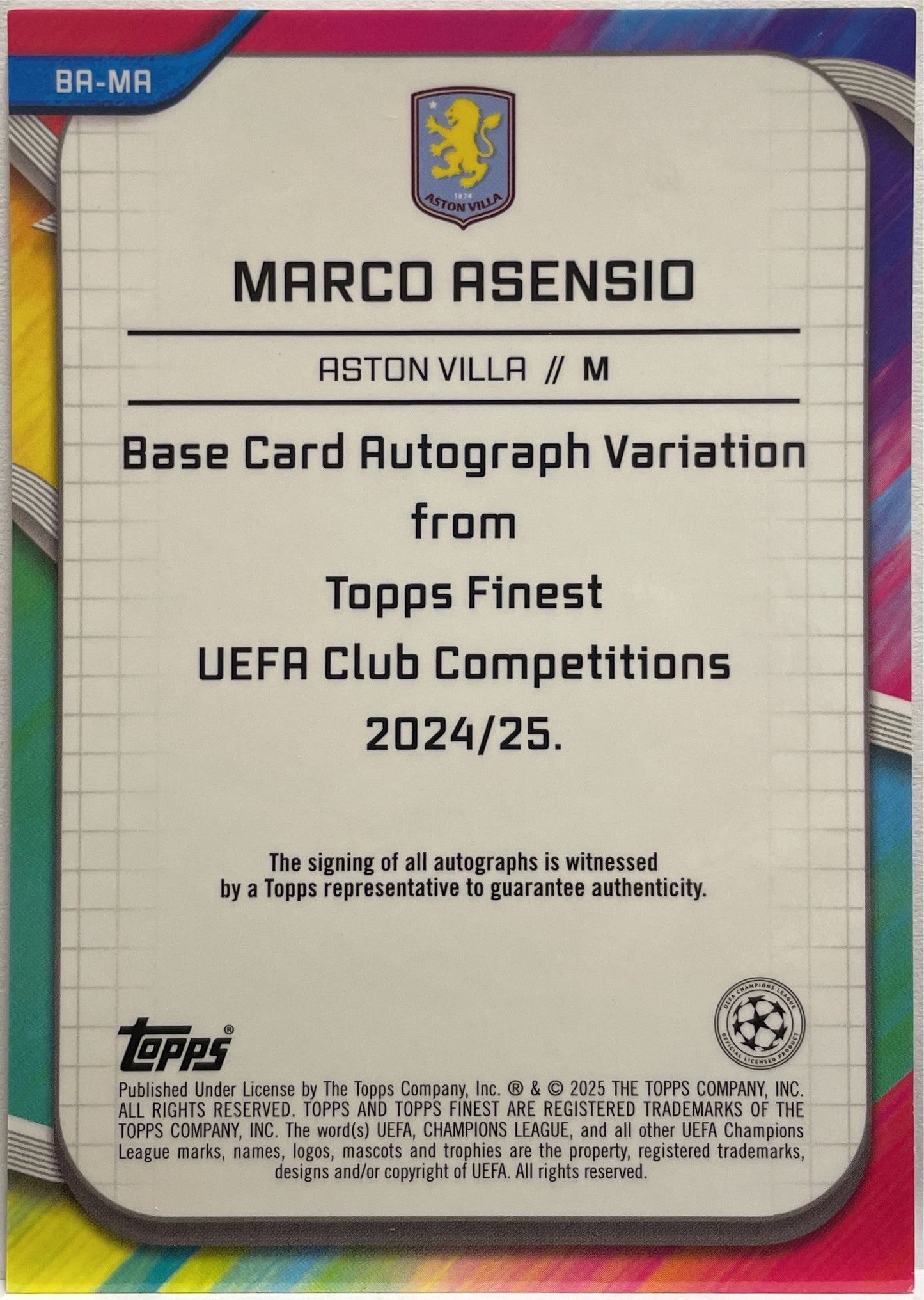 Marco Asensio 36/125 Autograph Pink Prism Topps Finest UCC 2024/25
