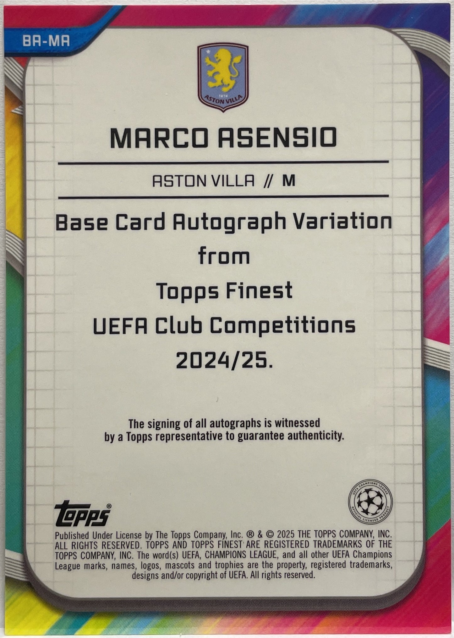 Marco Asensio 190/199 Autograph Purple Shimmer Topps Finest UCC 2024/25
