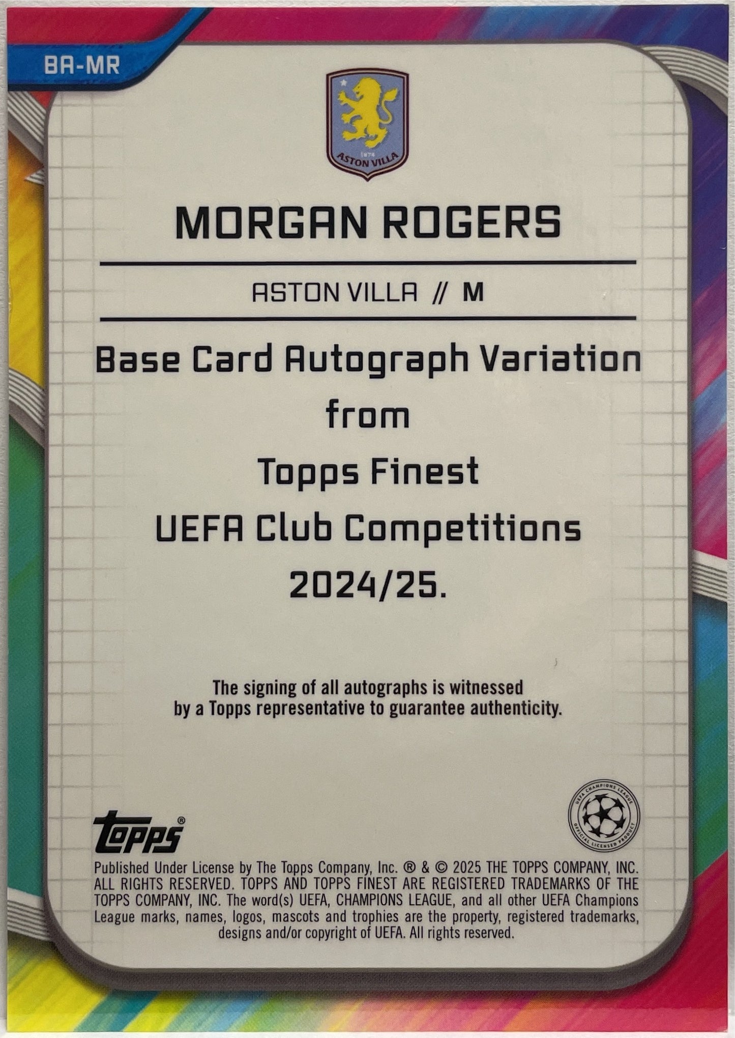 Morgan Rogers 45/99 Autograph Neon Green Topps Finest UCC 2024/25