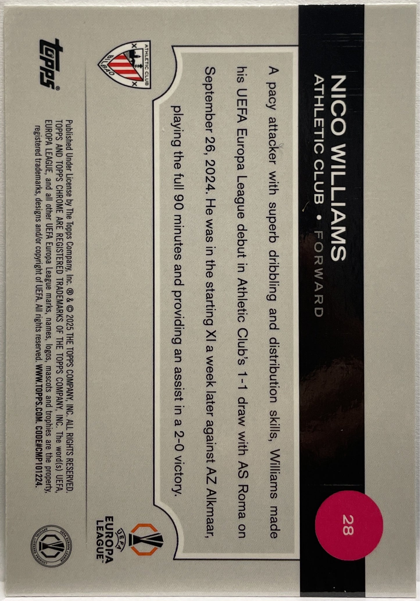 Nico Williams 27/199 Aqua Lava Topps Chrome UCC 2024/25