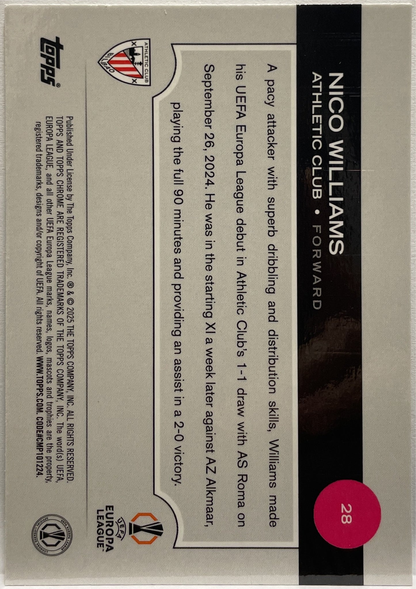 Nico Williams 160/199 Aqua Lava Topps Chrome UCC 2024/25