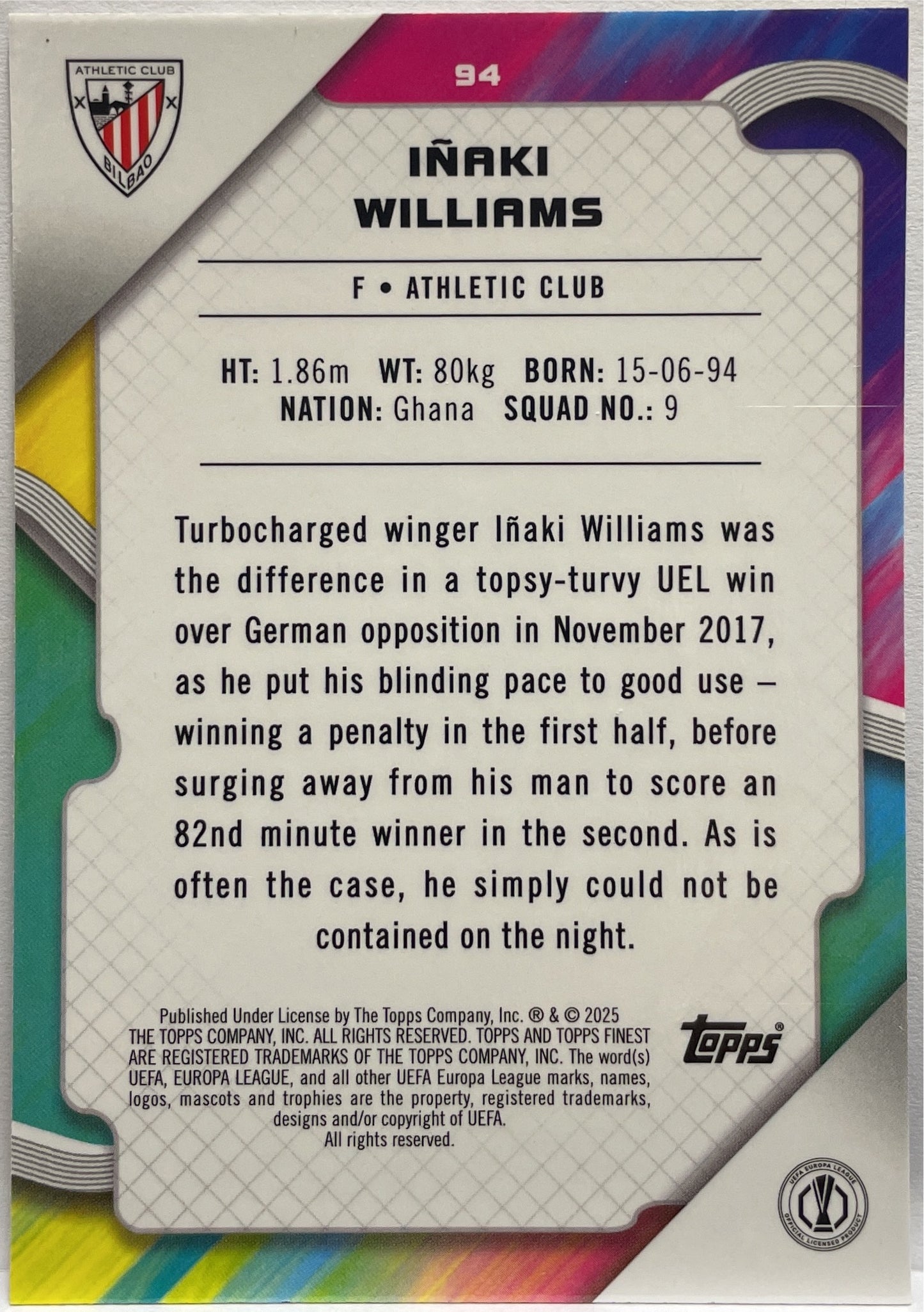 Inaki Williams 65/150 Blue RayWave Topps Finest UCC 2024/25