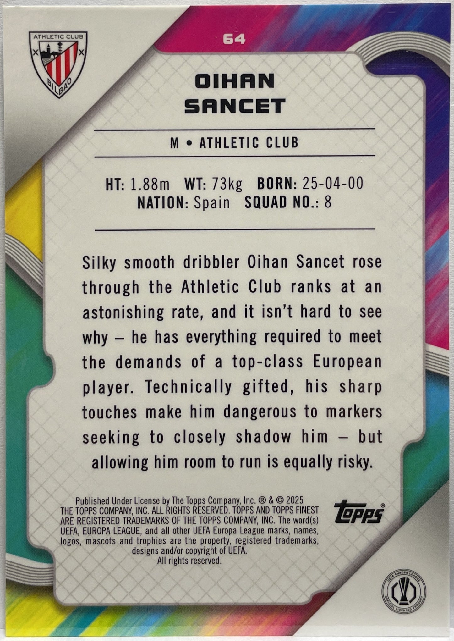Oihan Sancet 116/199 Purple Lava Topps Finest UCC 2024/25