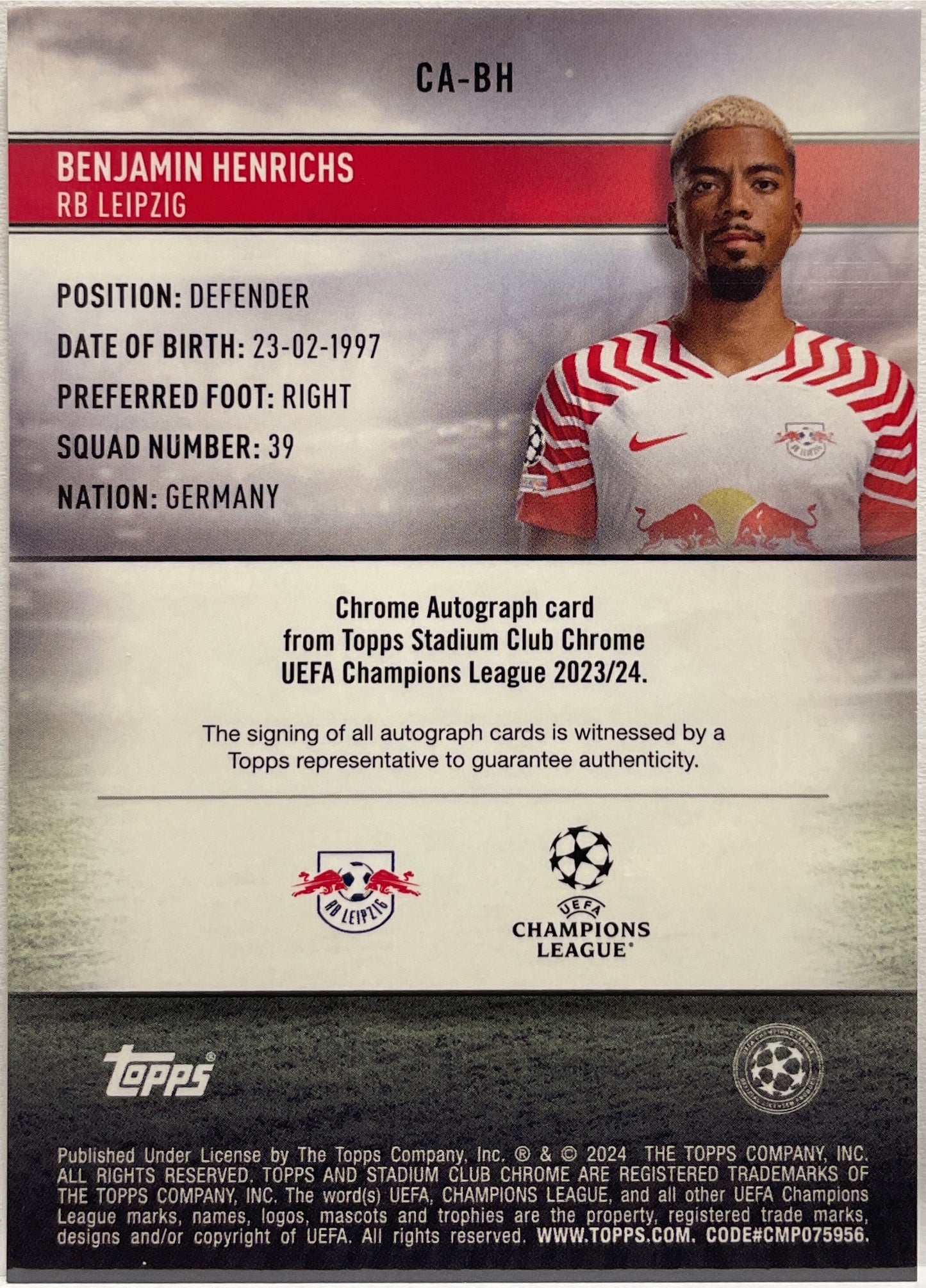 Benjamin Henrichs Autograph Topps Stadium Chrome 2023/24