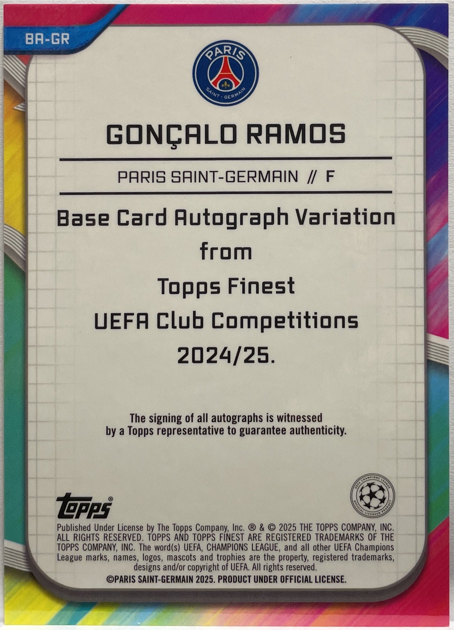 Goncalo Ramos 262/299 Autograph Purple Topps Finest UCC 2024/25