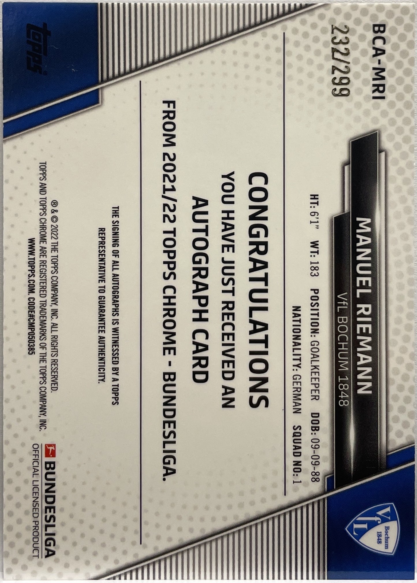 Manuel Riemann 232/299 Autograph Blue Topps Chrome Bundesliga 2021/22