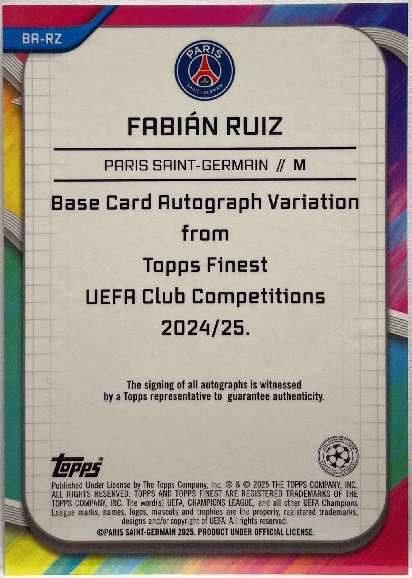 Fabian Ruiz Autograph Topps Finest UCC 2024/25