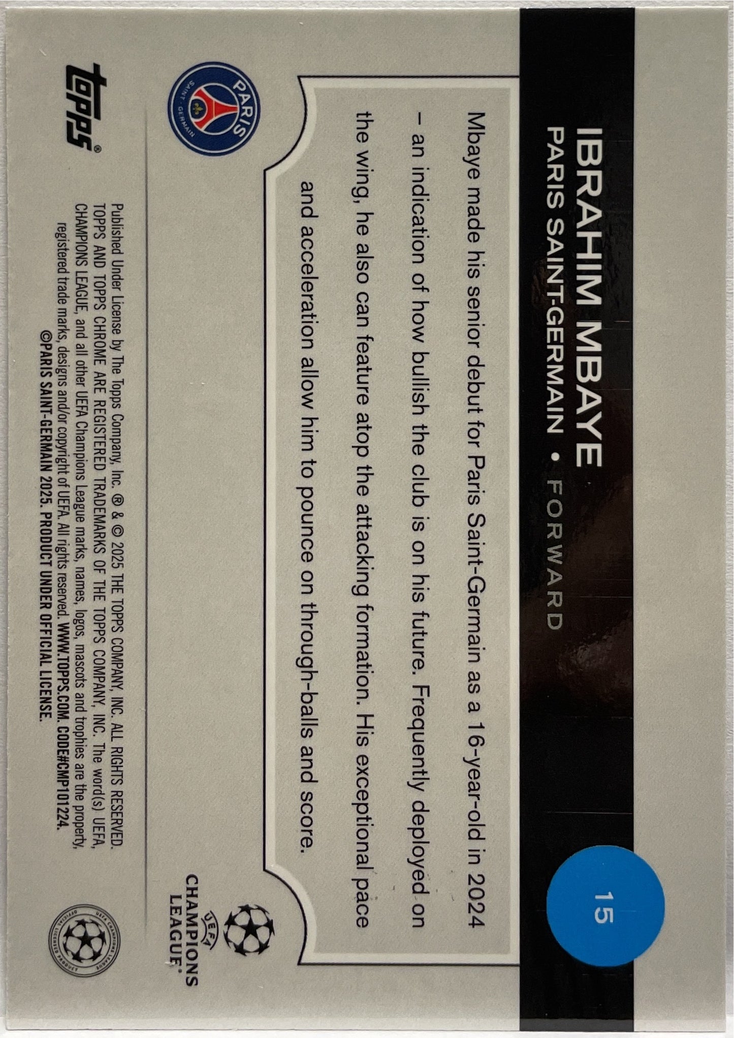 Ibrahim Mbaye 5/150 Rookie Blue Lava Topps Chrome UCC 2024/25