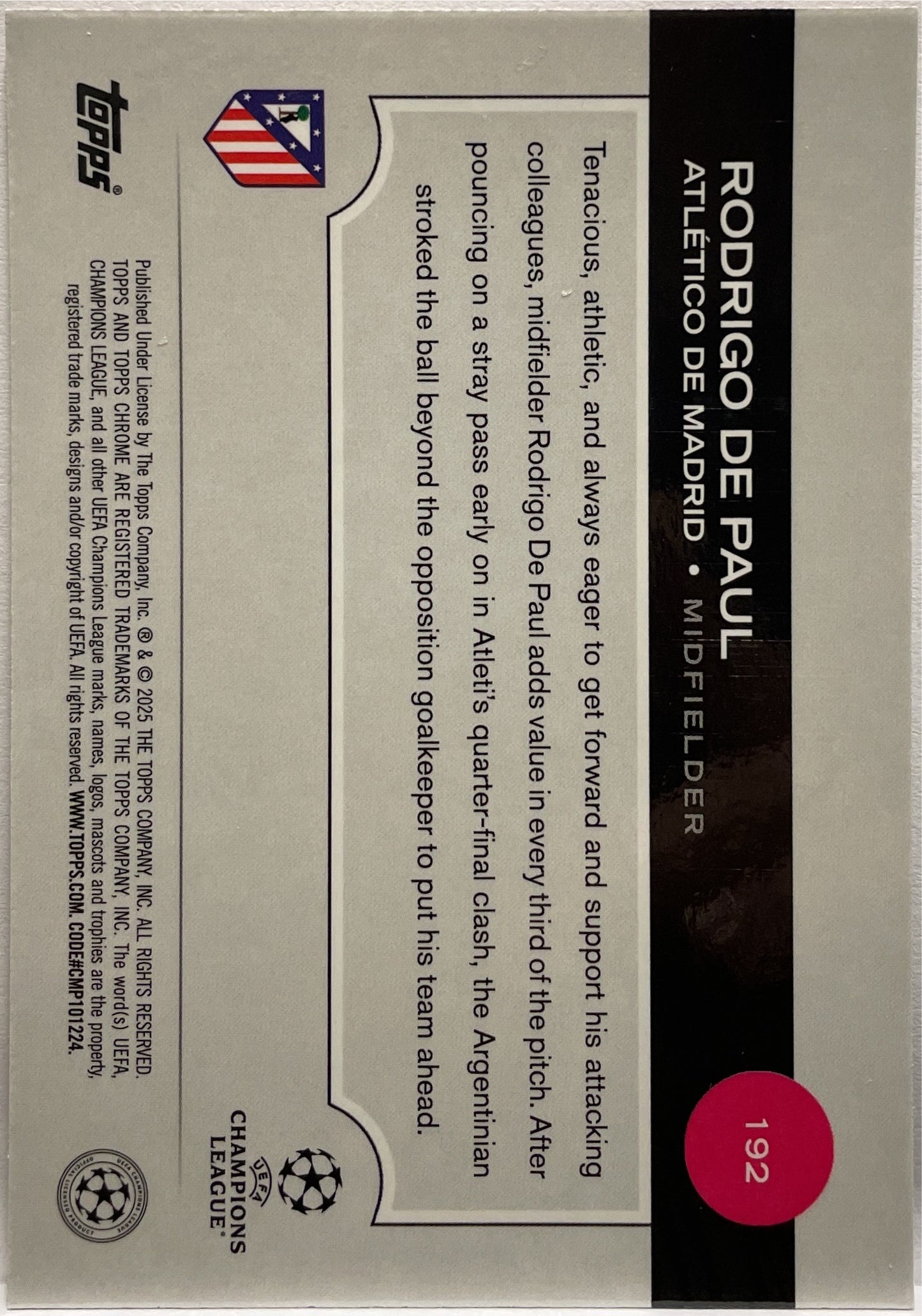 Rodrigo De Paul 120/250 Pink Lava Topps Chrome UCC 2024/25