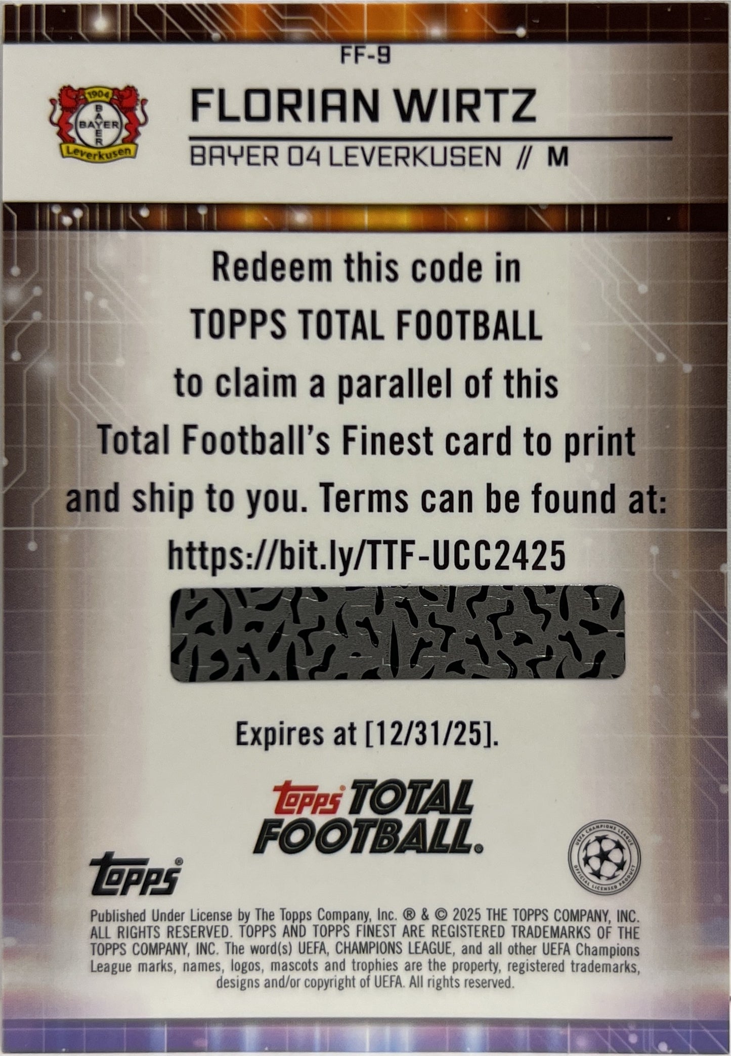 Florian Wirtz Total Football Topps Finest UCC 2024/25 Redeem Code