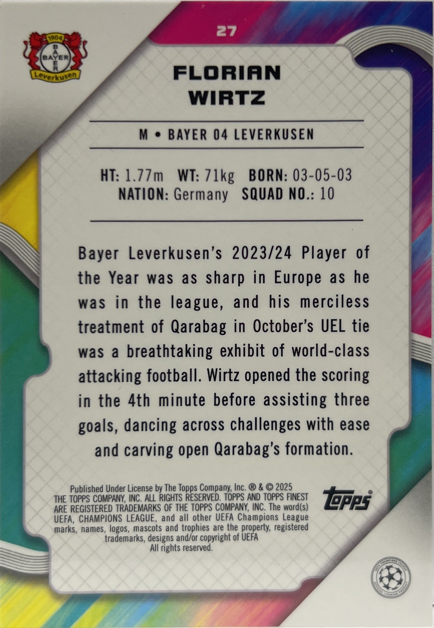 Florian Wirtz 20/25 Orange Topps Finest UCC 2024/25