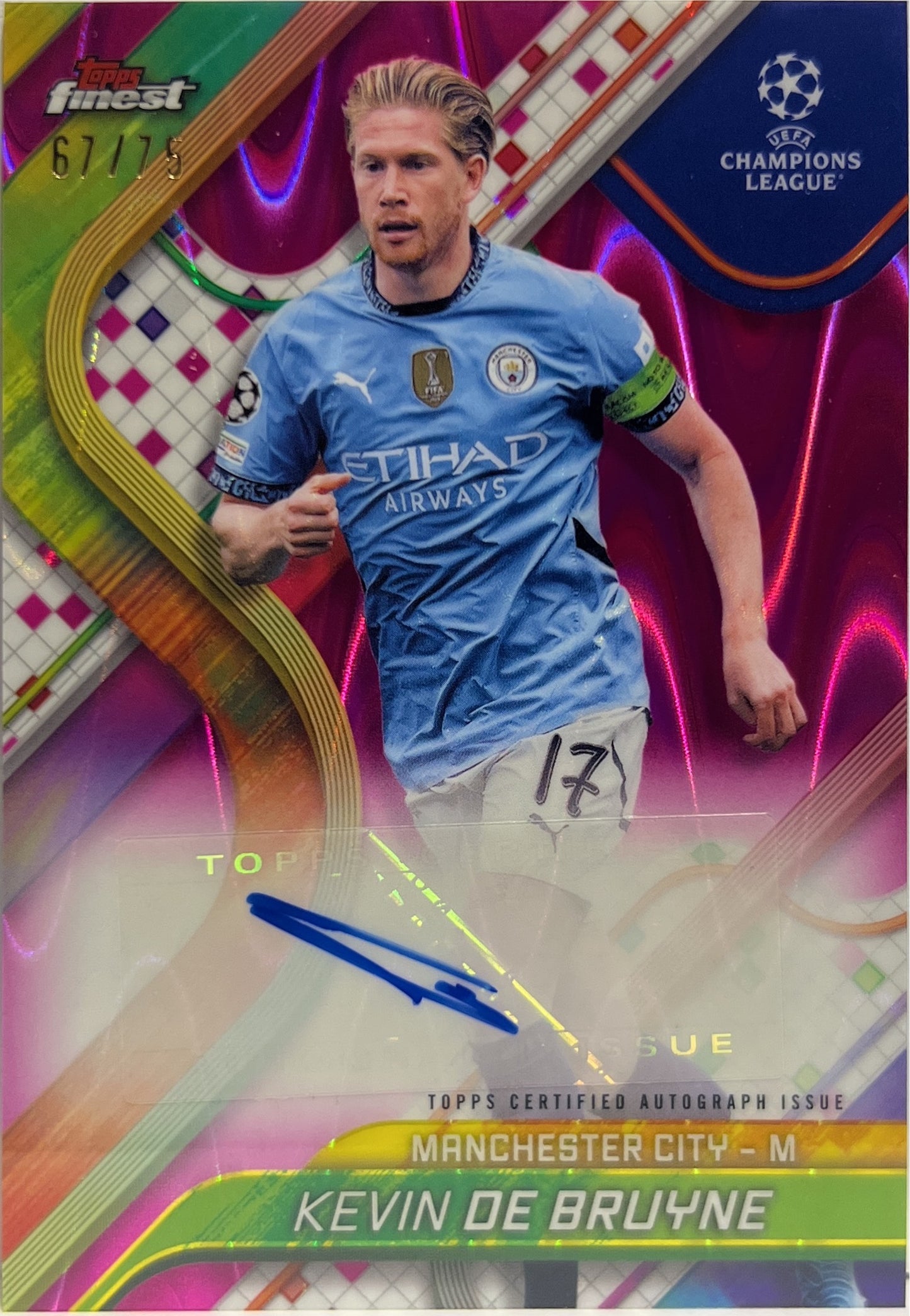 Kevin De Bruyne 67/75 Autograph Magenta Wave Topps Finest UCC 2024/25