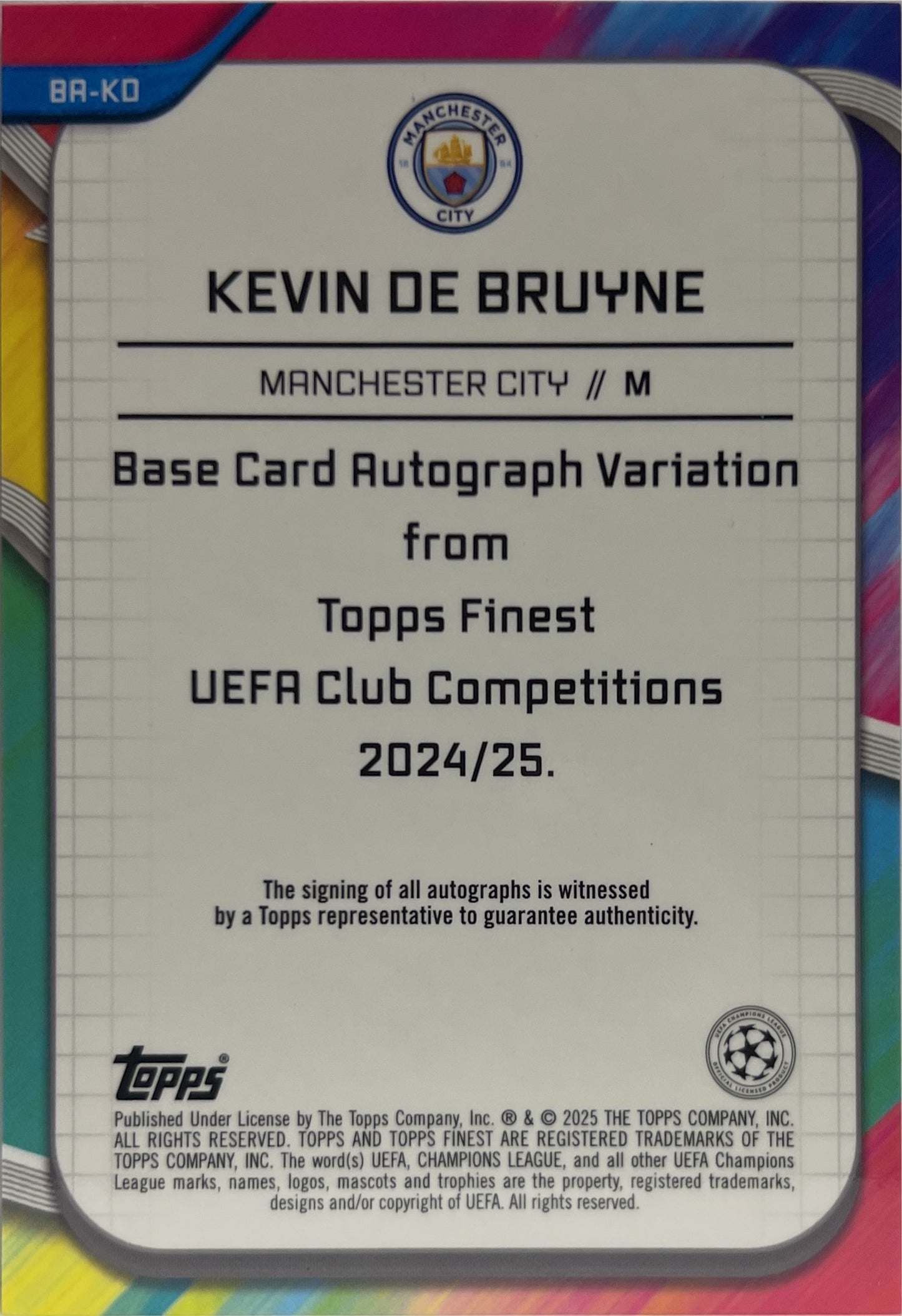 Kevin De Bruyne 67/75 Autograph Magenta Wave Topps Finest UCC 2024/25