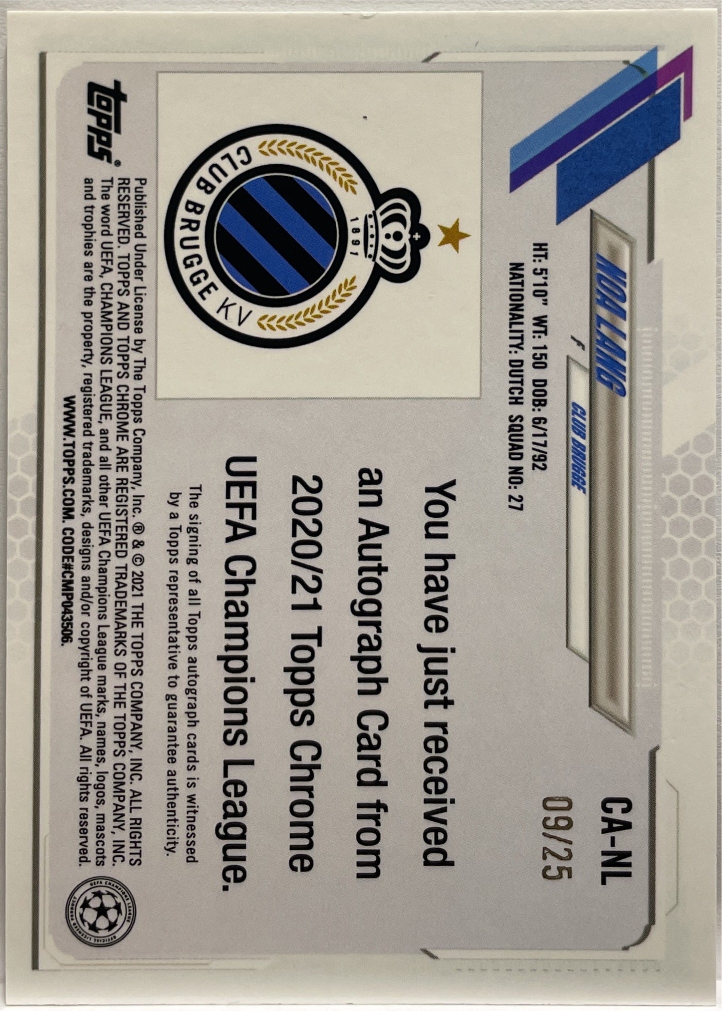 Noa Lang 5/25 Rookie Orange Topps Chrome Steve Aoki 2020/21