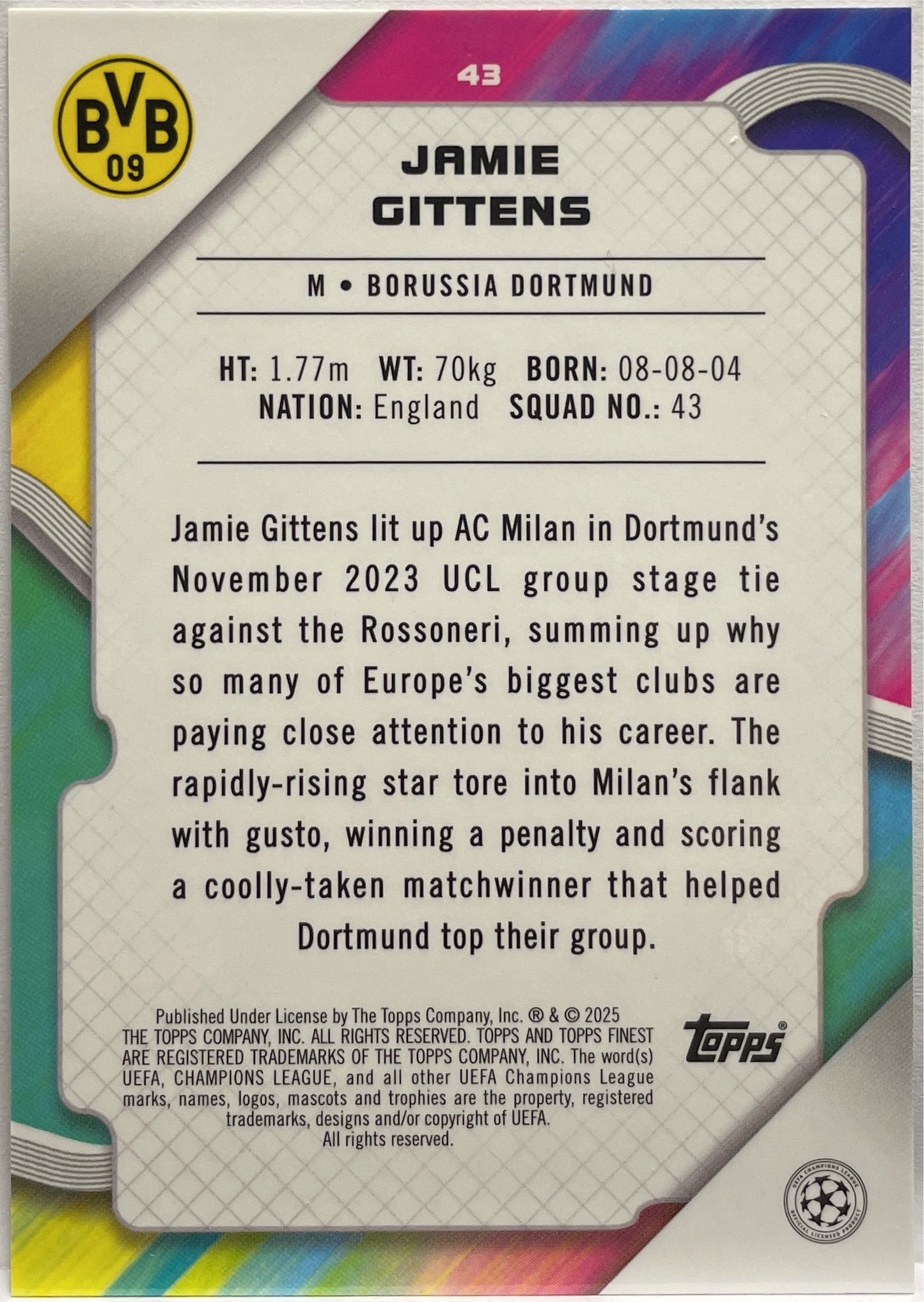 Jamie Gittens 150/199 Purple Lava Topps Finest UCC 2024/25