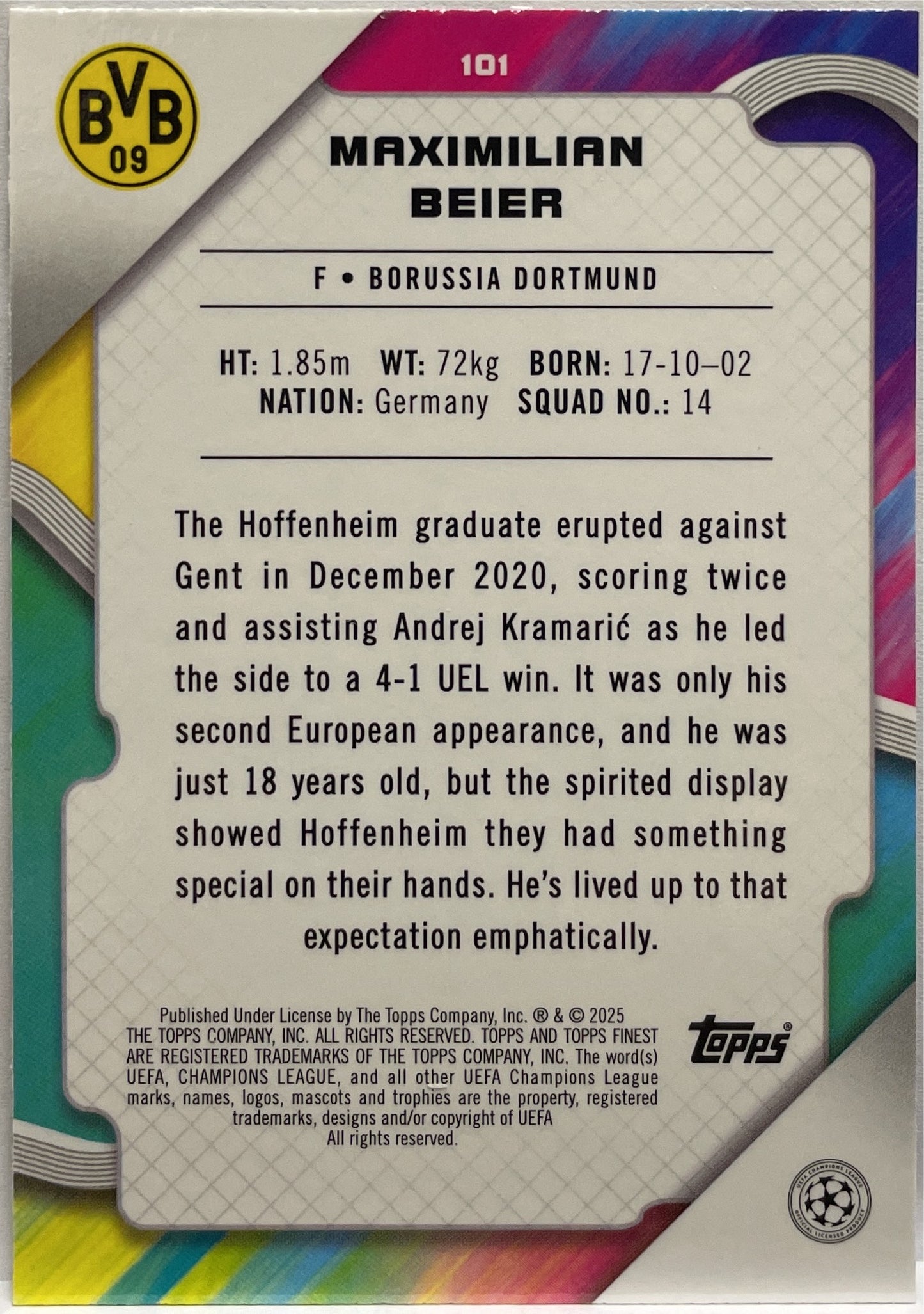 Maximilian Beier 54/299 Purple Topps Finest UCC 2024/25