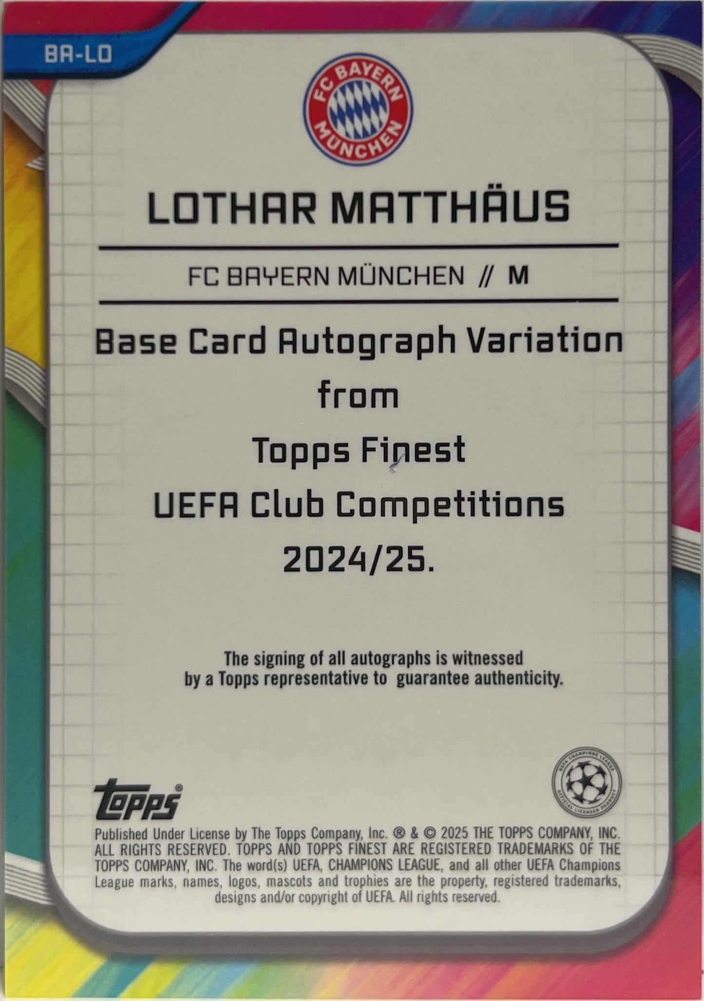 Lothar Matthaus 52/99 Autograph Neon Green Wave Topps Finest UCC 2024/25