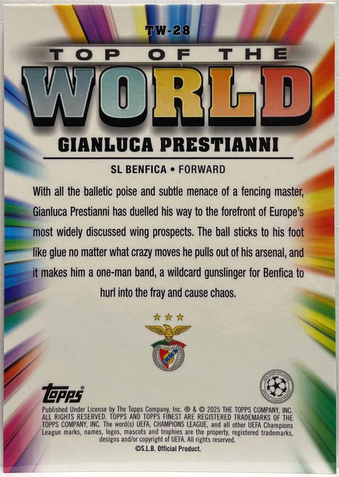 Gianluca Prestianni 66/150 Rookie Top Of The World Blue Topps Finest UCC 2024/25