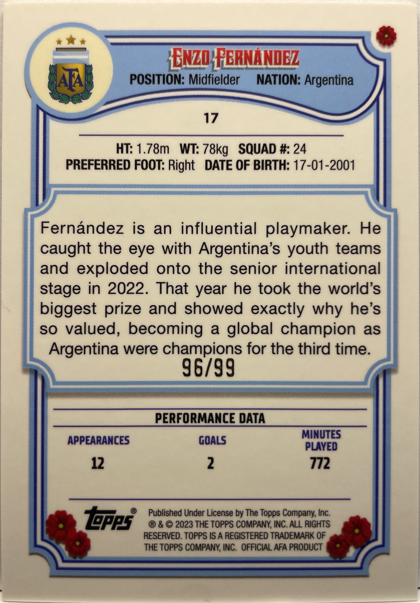 Enzo Fernandez 96/99 Sky Blue & White Topps Argentina Fileteado 2023