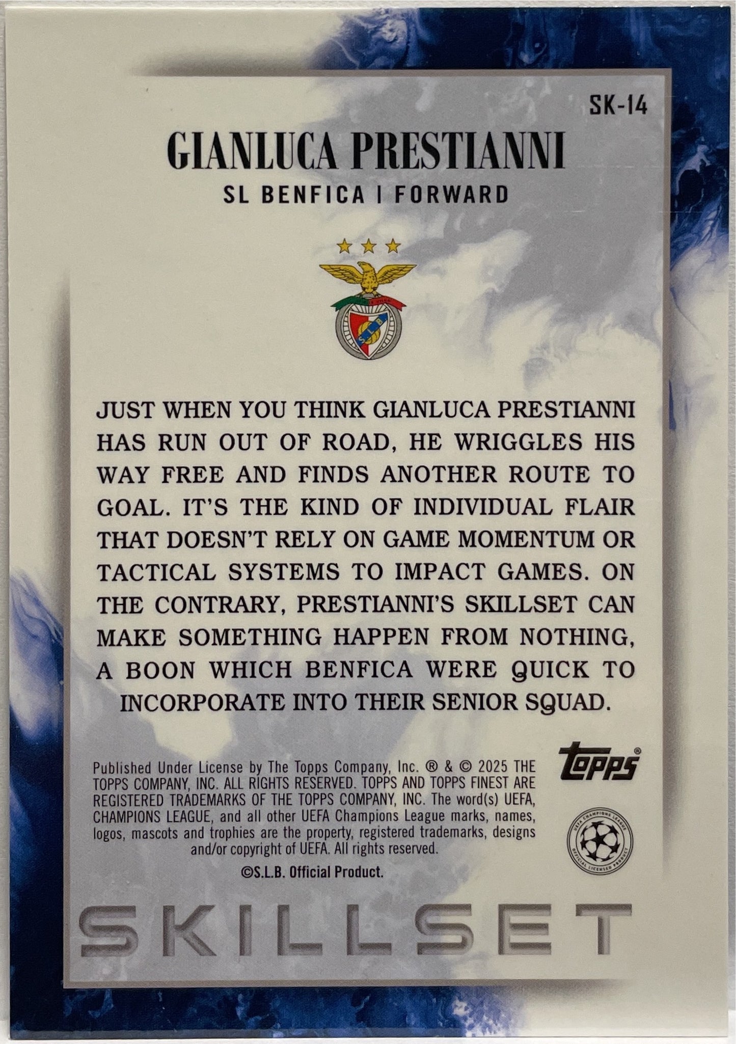 Gianluca Prestianni 77/150 Rookie Skillset Blue Topps Finest UCC 2024/25