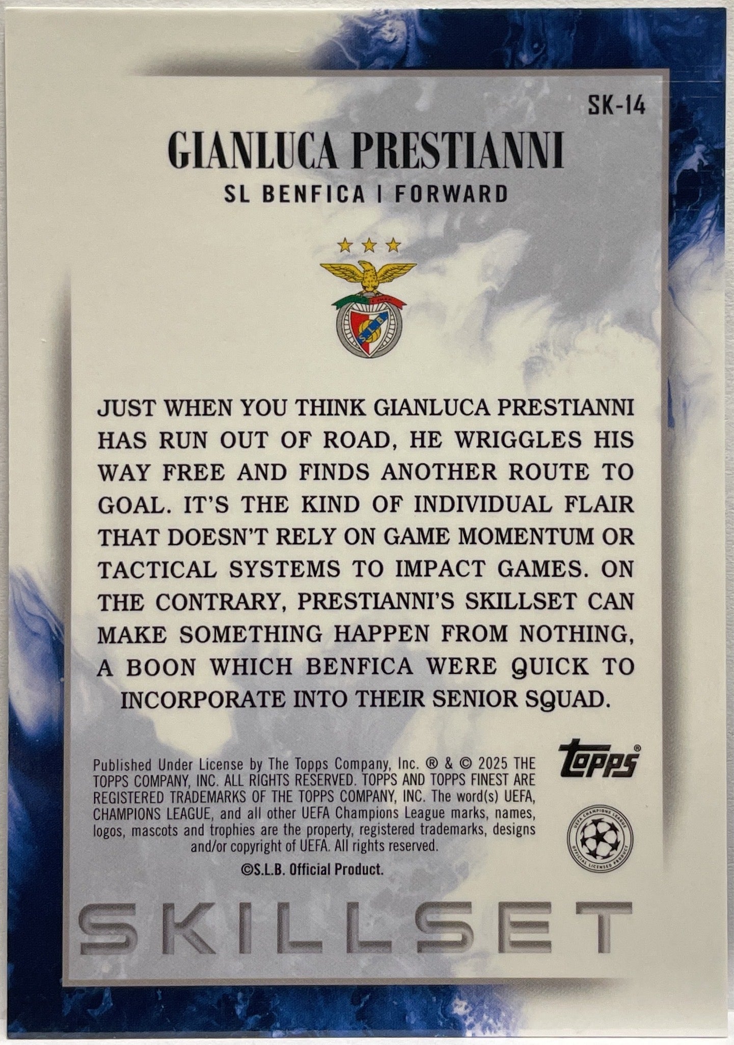 Gianluca Prestianni 268/299 Rookie Skillset Purple Topps Finest UCC 2024/25