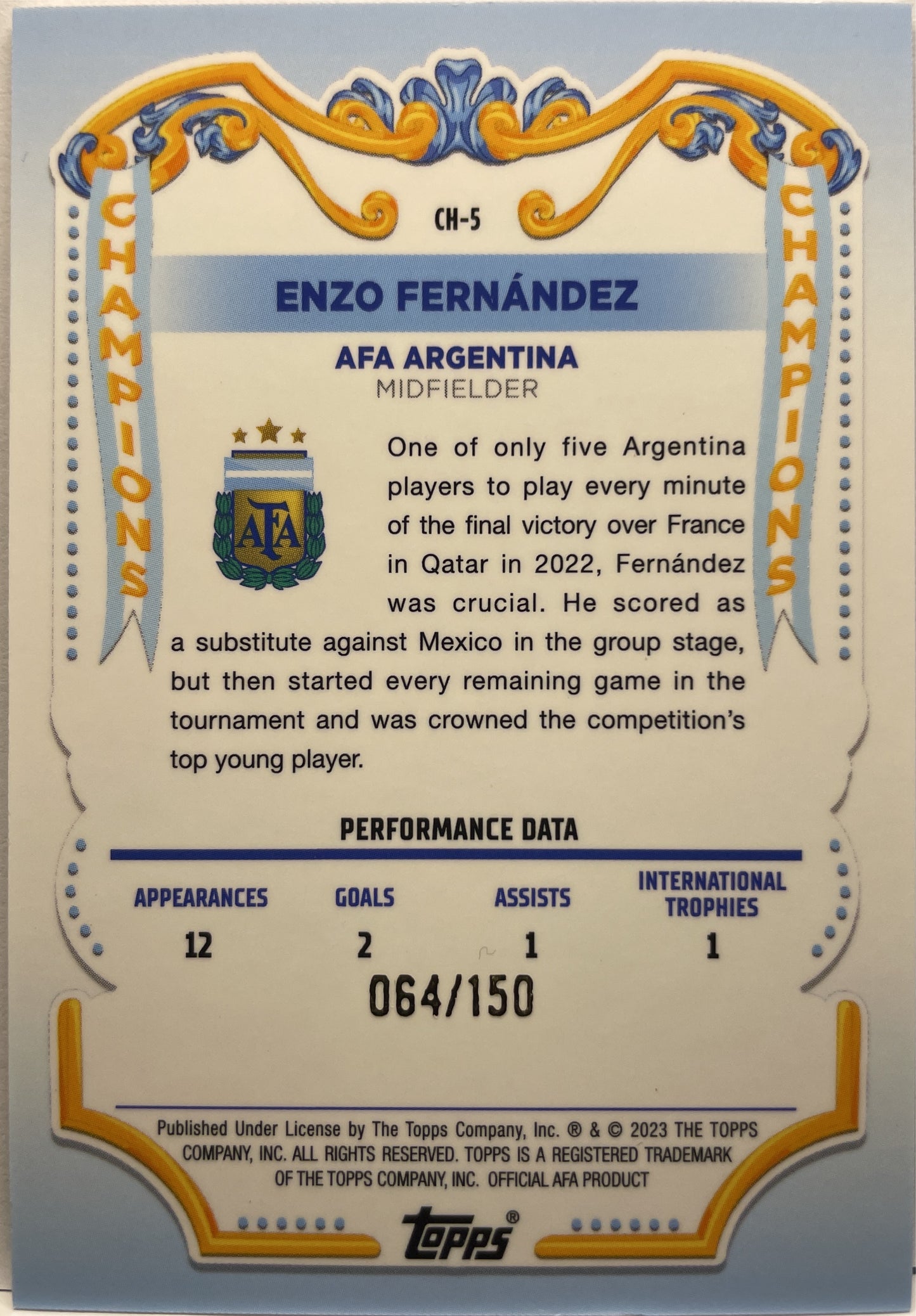 Enzo Fernandez 64/150 Yellow Topps Argentina Fileteado 2023