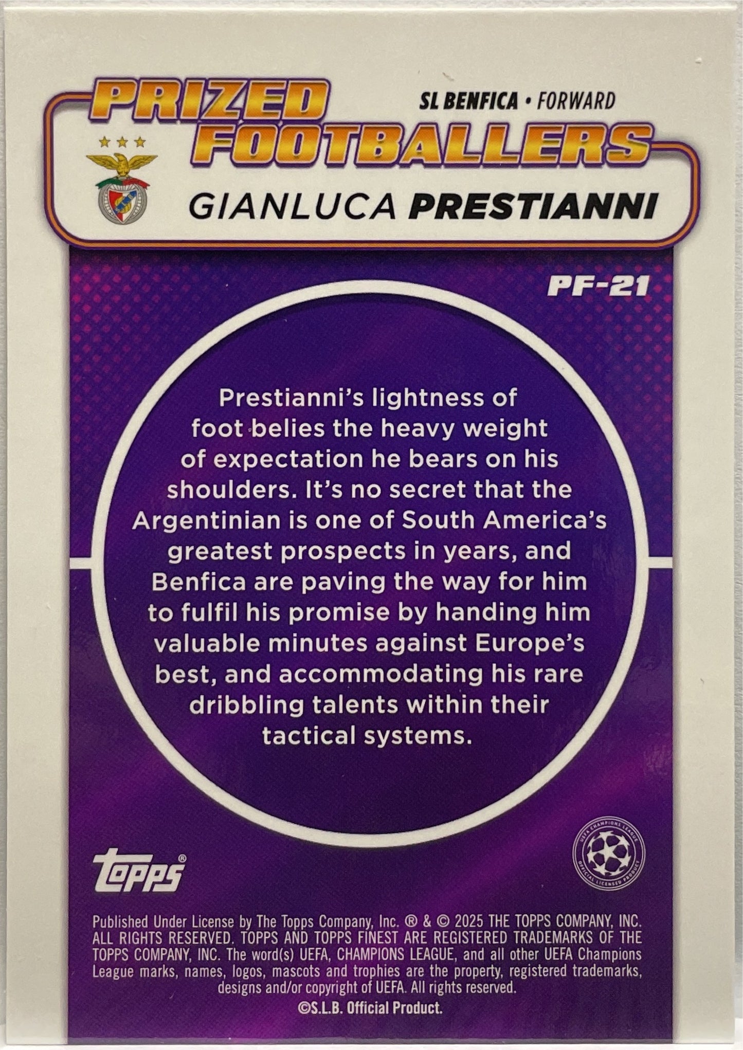 Gianluca Prestianni 5/99 Rookie Prized Footballers Green Topps Finest UCC 2024/25