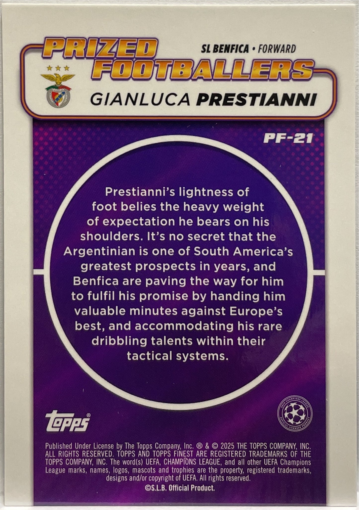 Gianluca Prestianni 28/99 Rookie Prized Footballers Green Topps Finest UCC 2024/25