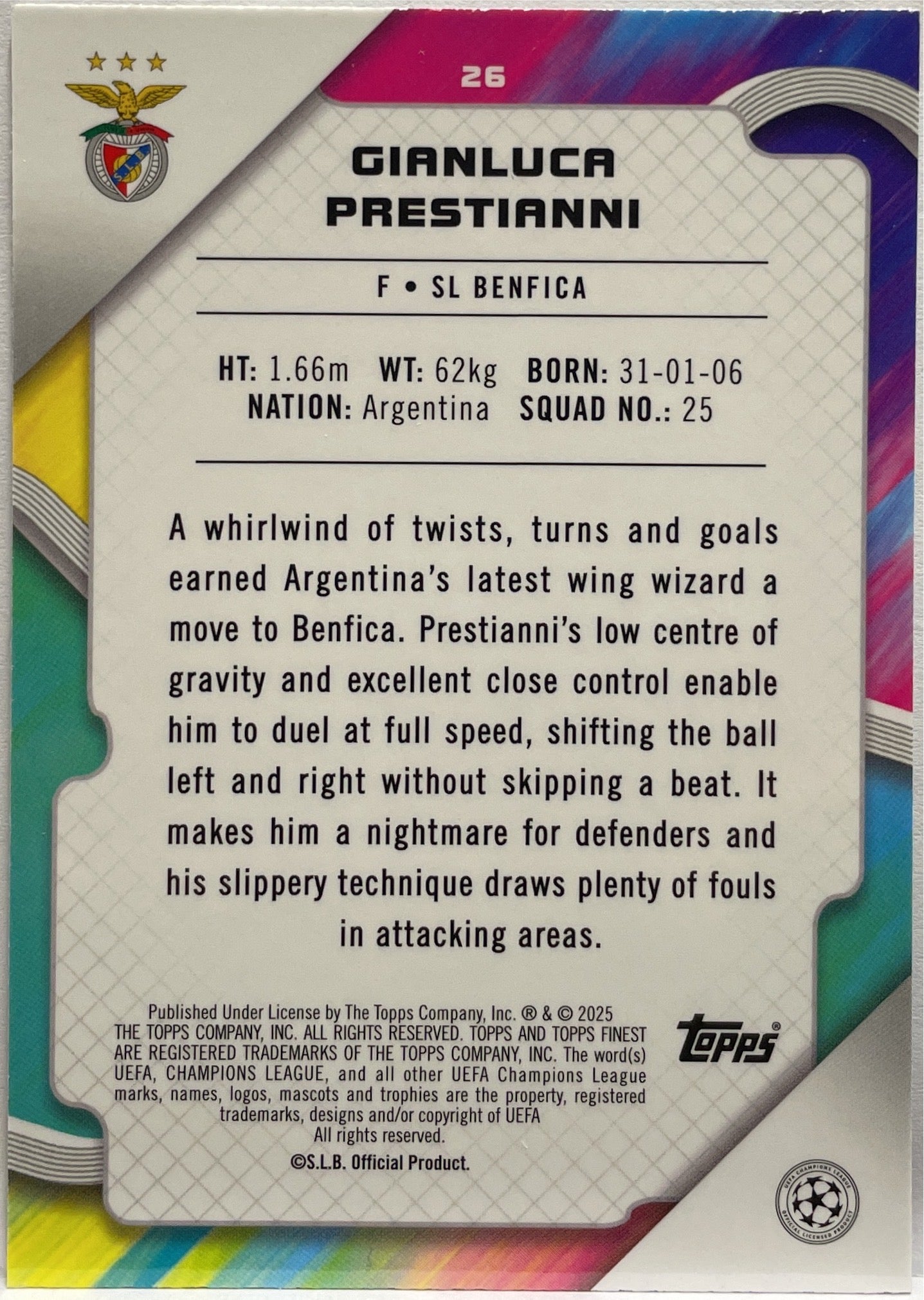 Gianluca Prestianni 255/275 Rookie Sky Blue Topps Finest UCC 2024/25