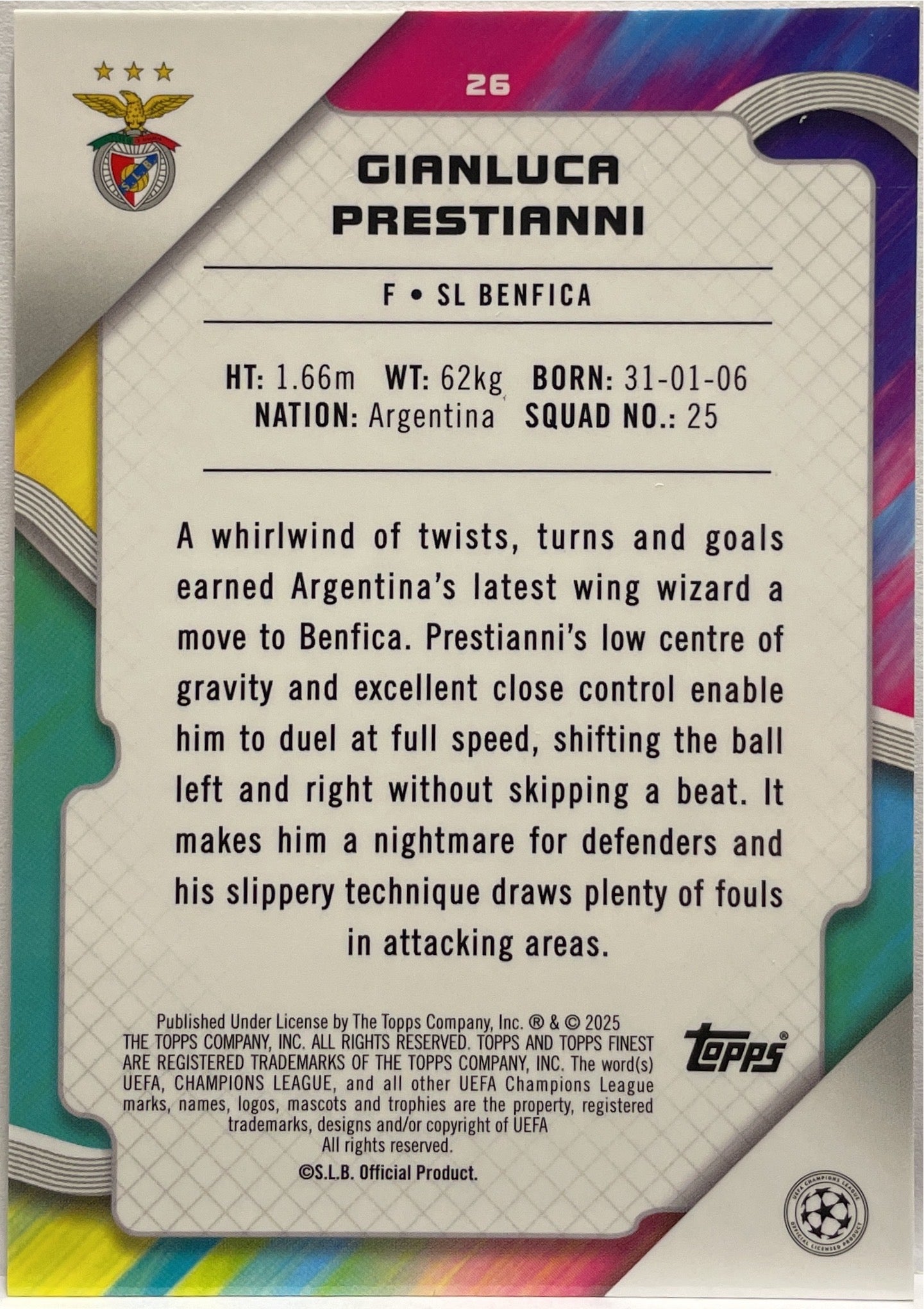 Gianluca Prestianni 13/299 Rookie Pink RayWave Topps Finest UCC 2024/25