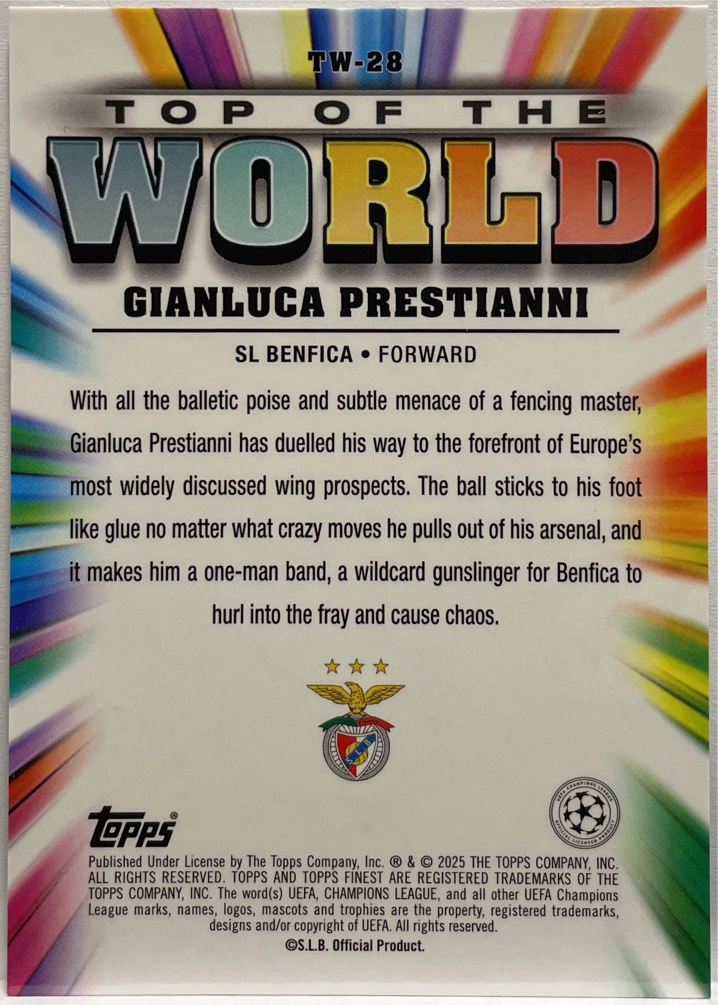Gianluca Prestianni 64/150 Rookie Top Of The World Blue Topps Finest UCC 2024/25
