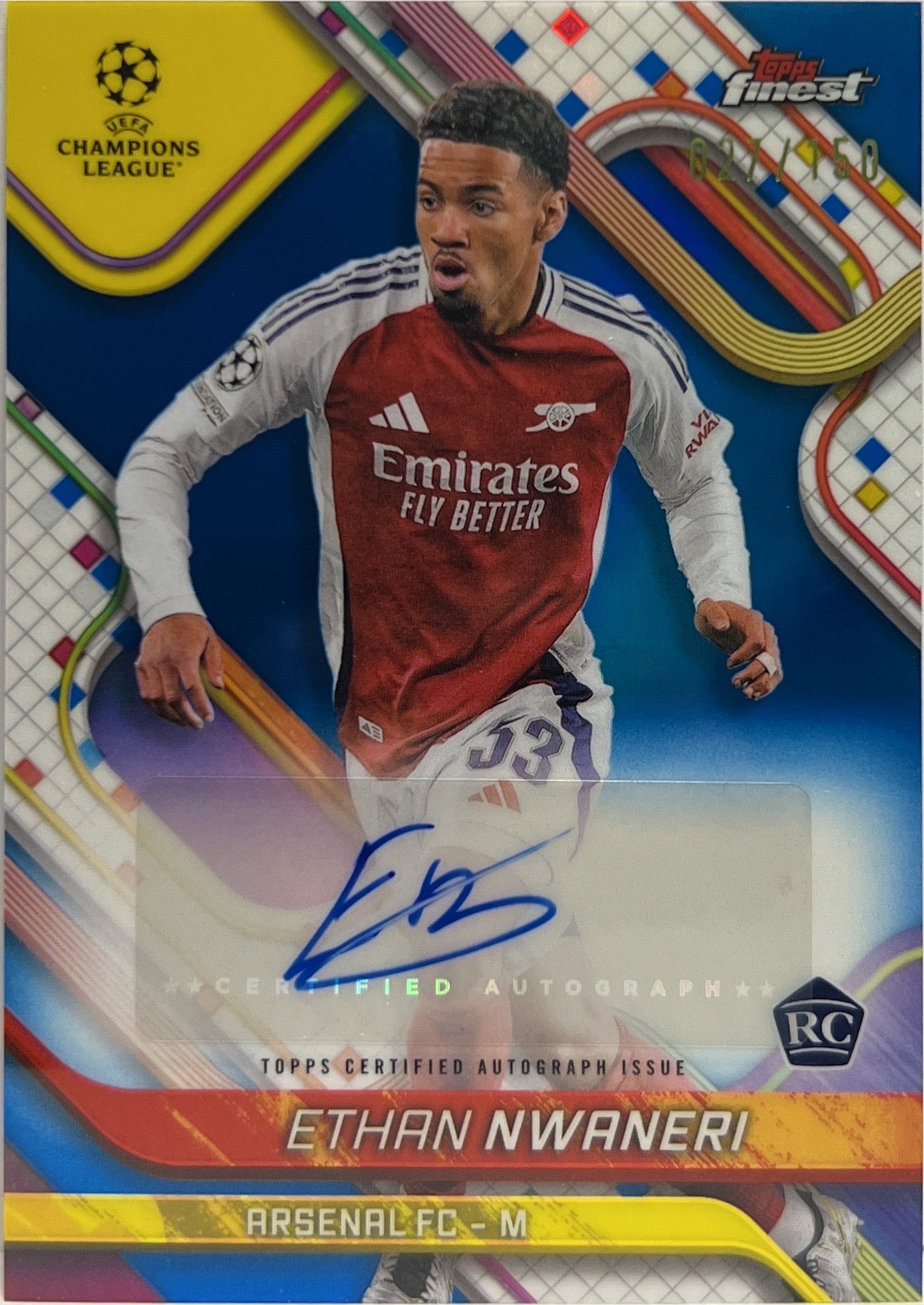 Ethan Nwaneri 27/150 Rookie Autograph Blue Topps Finest UCC 2024/25