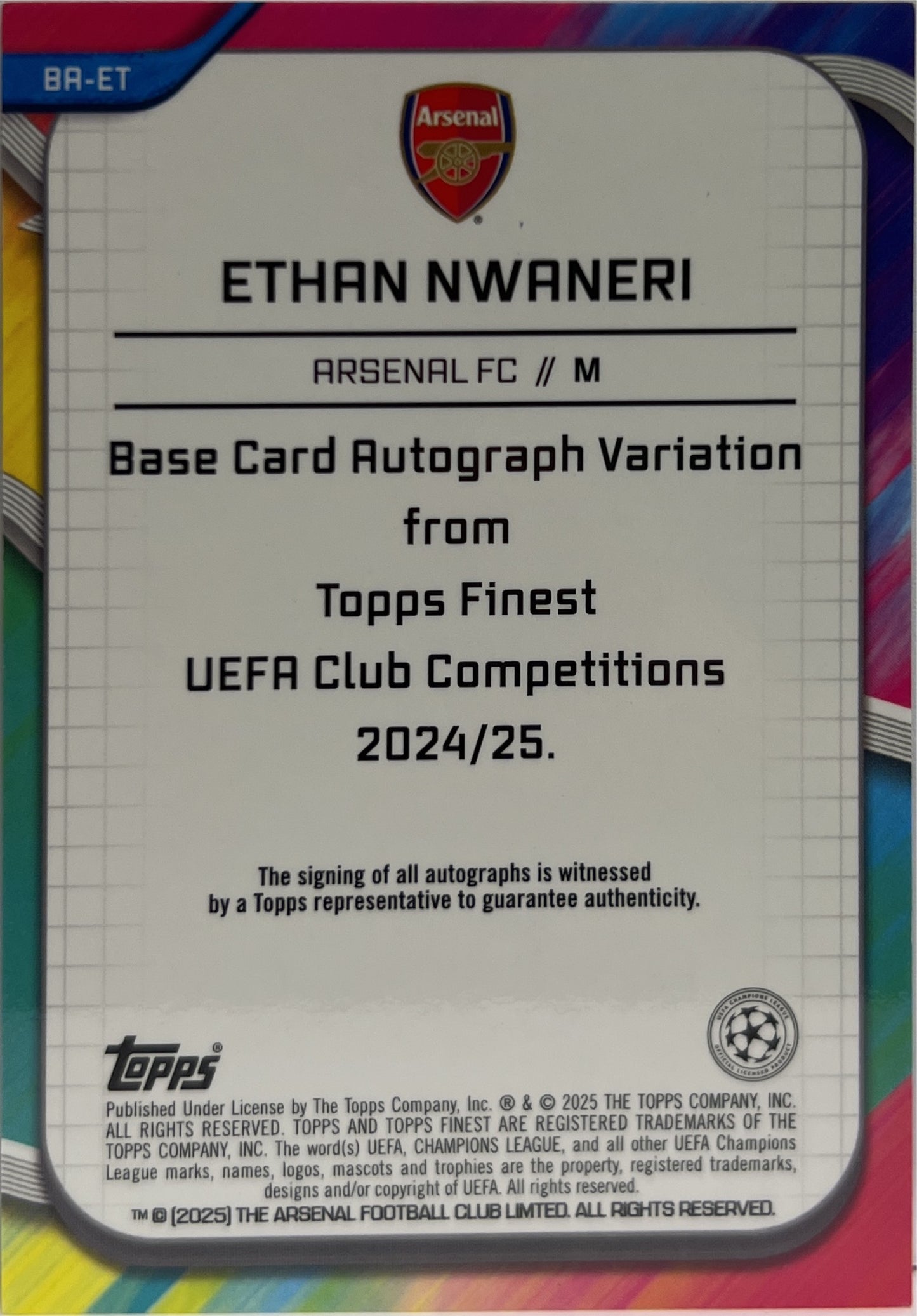 Ethan Nwaneri 27/150 Rookie Autograph Blue Topps Finest UCC 2024/25