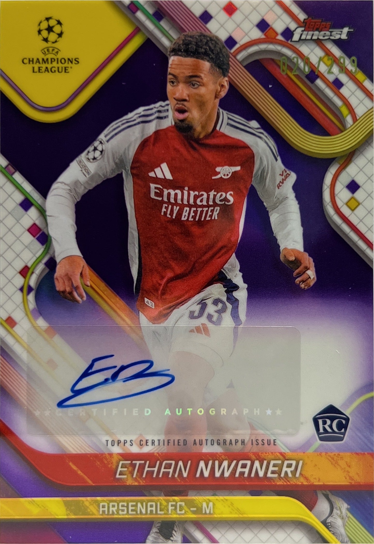 Ethan Nwaneri 20/299 Rookie Autograph Purple Topps Finest UCC 2024/25