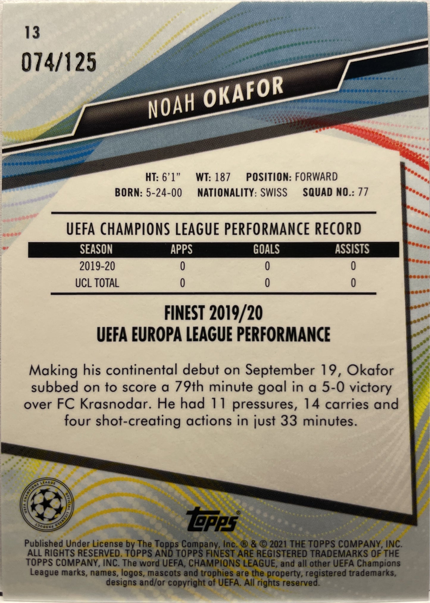 Noah Okafor 74/125 Rookie Mini Diamond Topps Finest UCC 2020/21