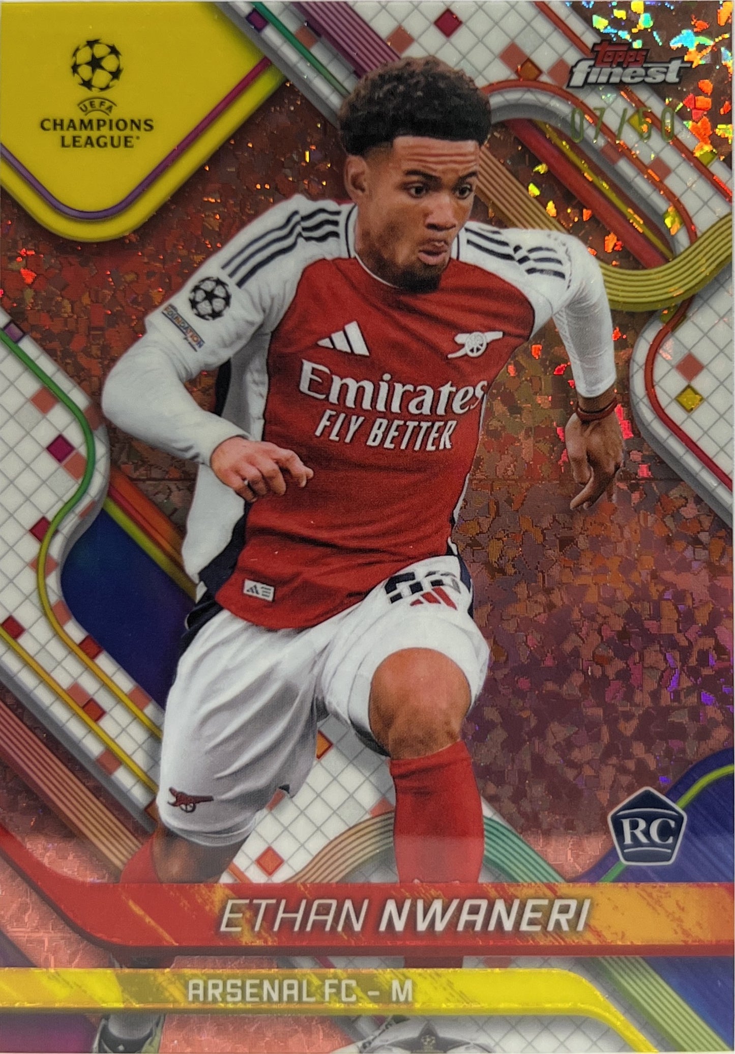 Ethan Nwaneri 7/50 Rookie Rose Gold Mini Diamond Topps Finest UCC 2024/25