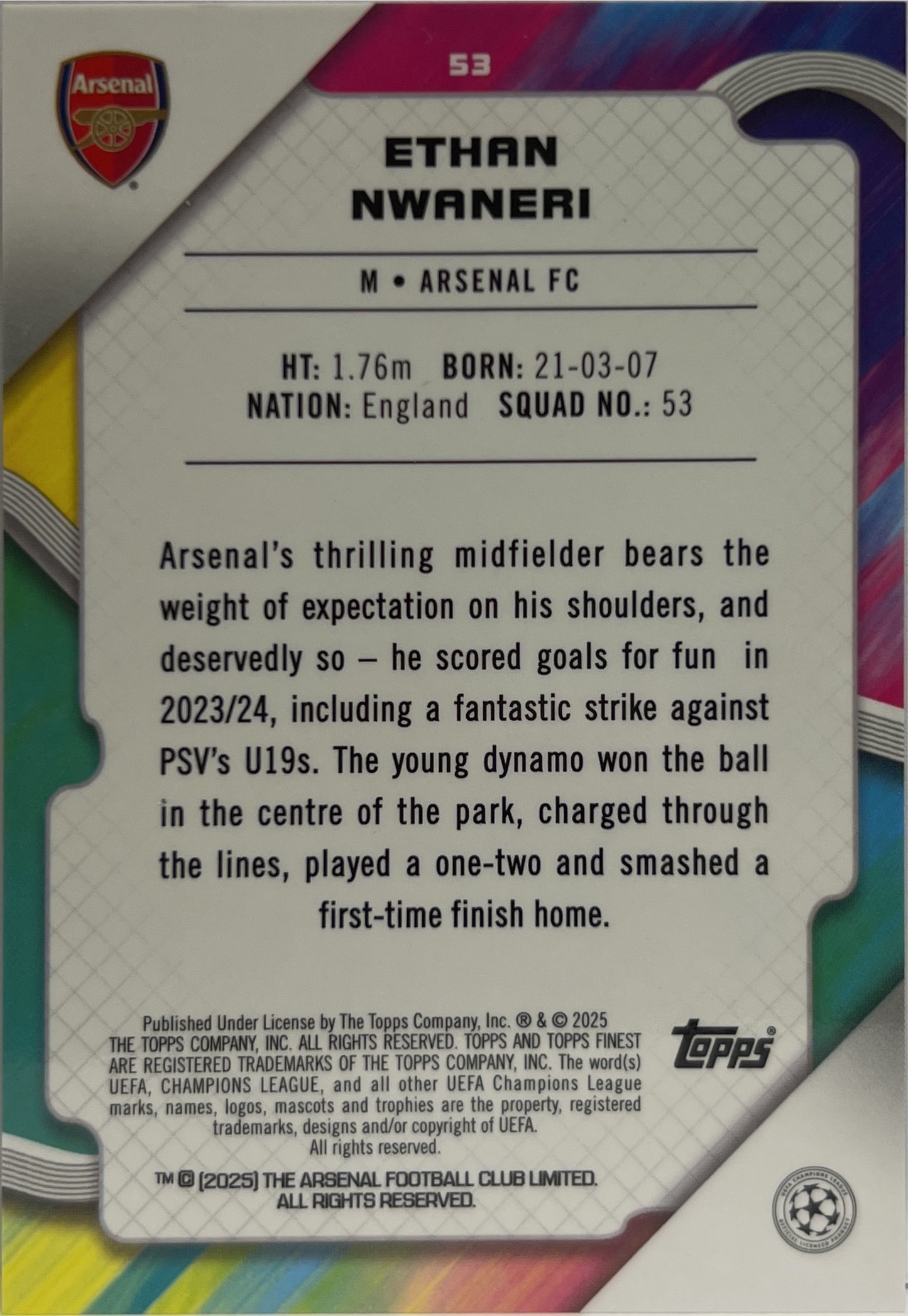 Ethan Nwaneri 7/50 Rookie Rose Gold Mini Diamond Topps Finest UCC 2024/25