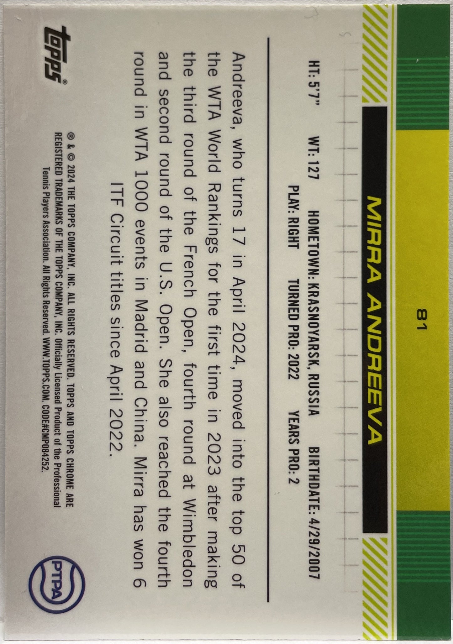 Mirra Andreeva 23/499 Rookie Purple Topps Chrome Tennis 2024