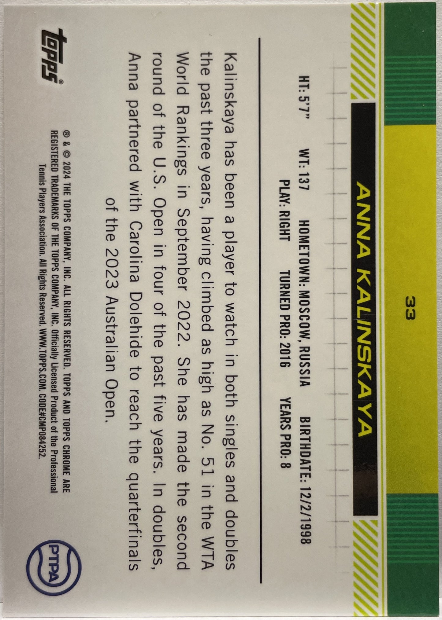 Anna Kalinskaya 5/5 Red Topps Chrome Tennis 2024