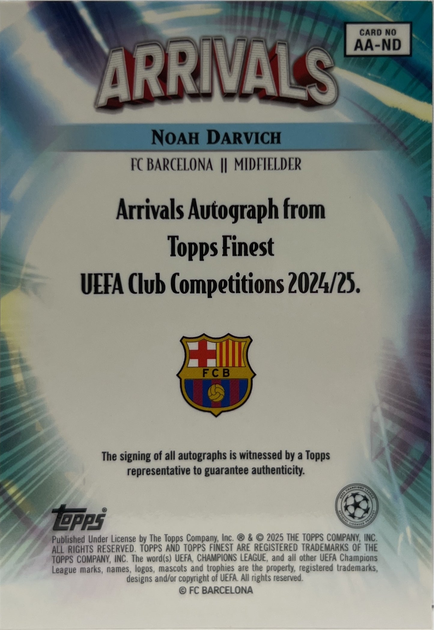 Noah Darwich 3/50 Rookie Autograph Arrivals Gold Topps Finest UCC 2024/25